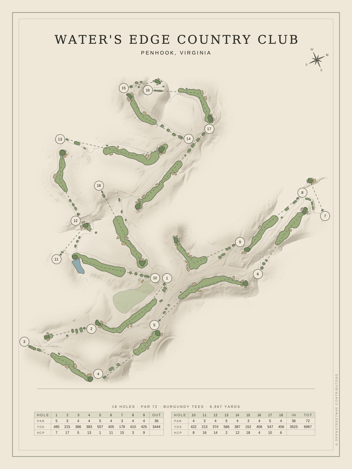 Water's Edge Country Club course map poster, Classic style, 12×16 / 18×24