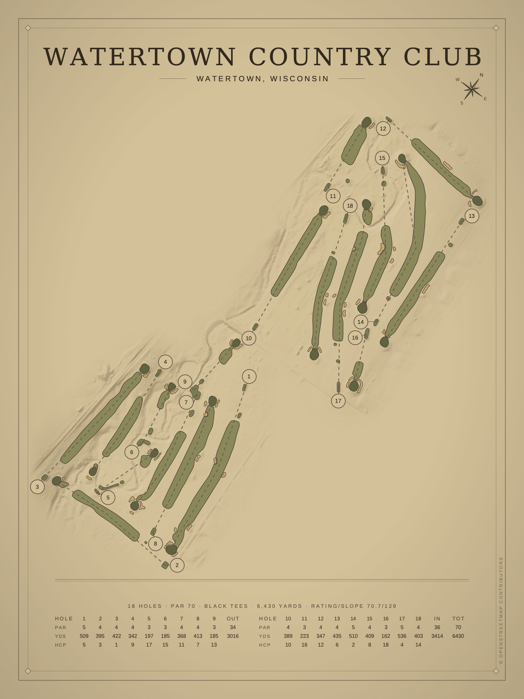 Watertown Country Club course map poster, Vintage style, 12×16 / 18×24