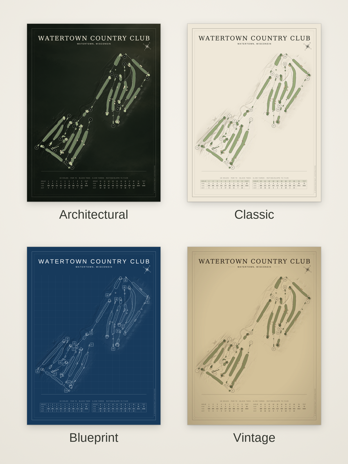 Watertown Country Club course map poster in four styles: Architectural, Classic, Blueprint and Vintage
