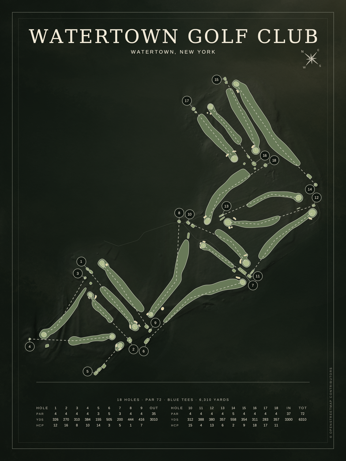 Watertown Golf Club course map poster, Architectural style, 12×16 / 18×24