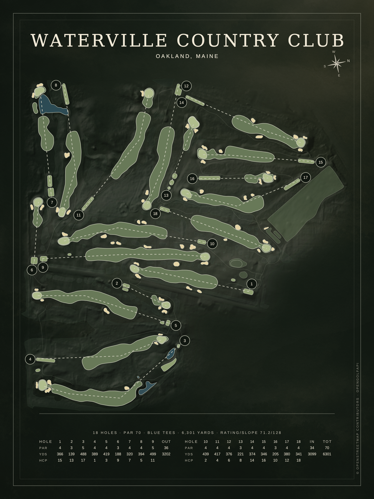 Waterville Country Club course map poster, Architectural style, 12×16 / 18×24