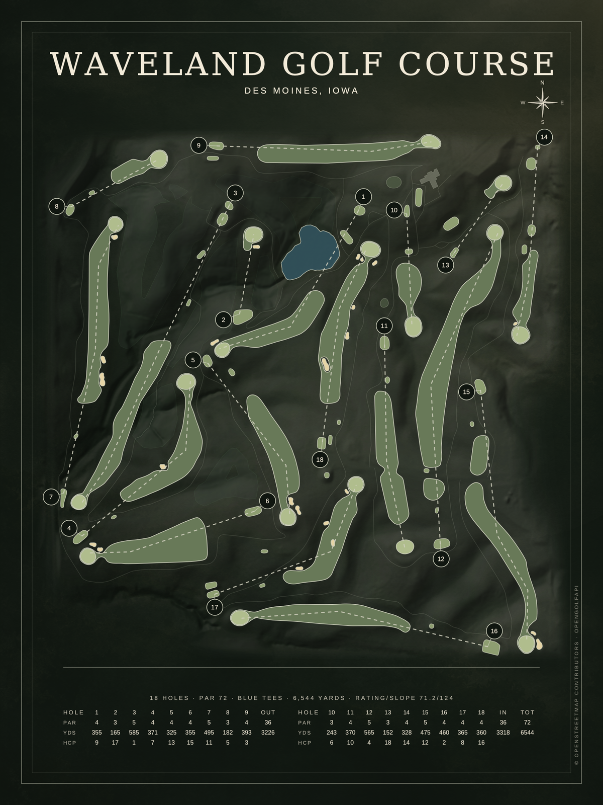 Waveland Golf Course map poster, Architectural style, 12×16 / 18×24