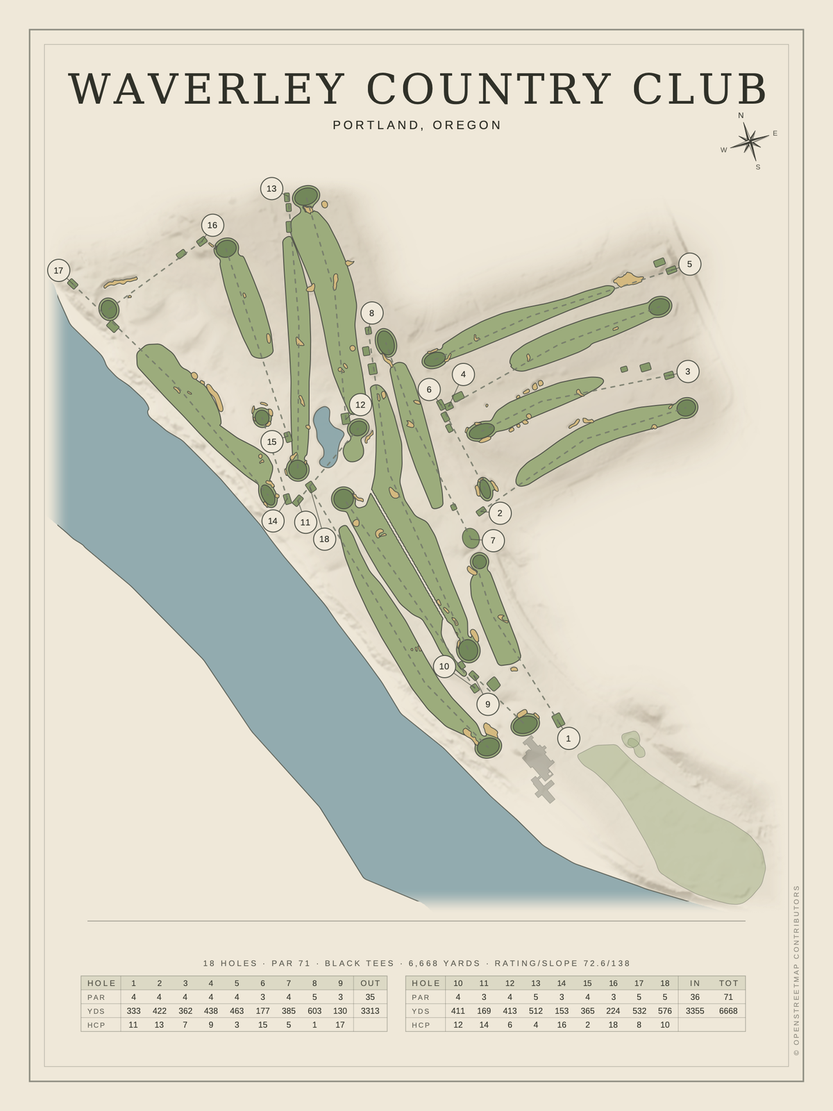 Waverley Country Club course map poster, Classic style, 12×16 / 18×24