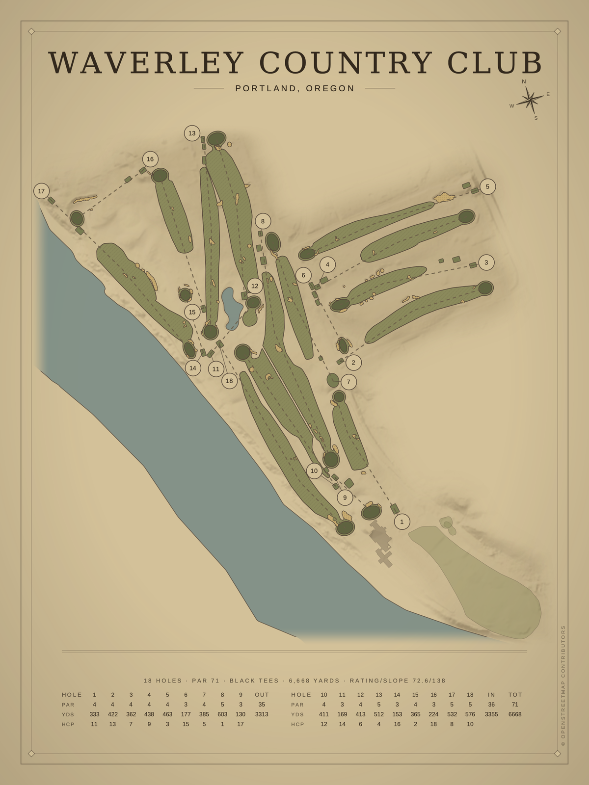 Waverley Country Club course map poster, Vintage style, 12×16 / 18×24