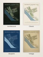 Waverley Country Club course map poster in four styles: Architectural, Classic, Blueprint and Vintage