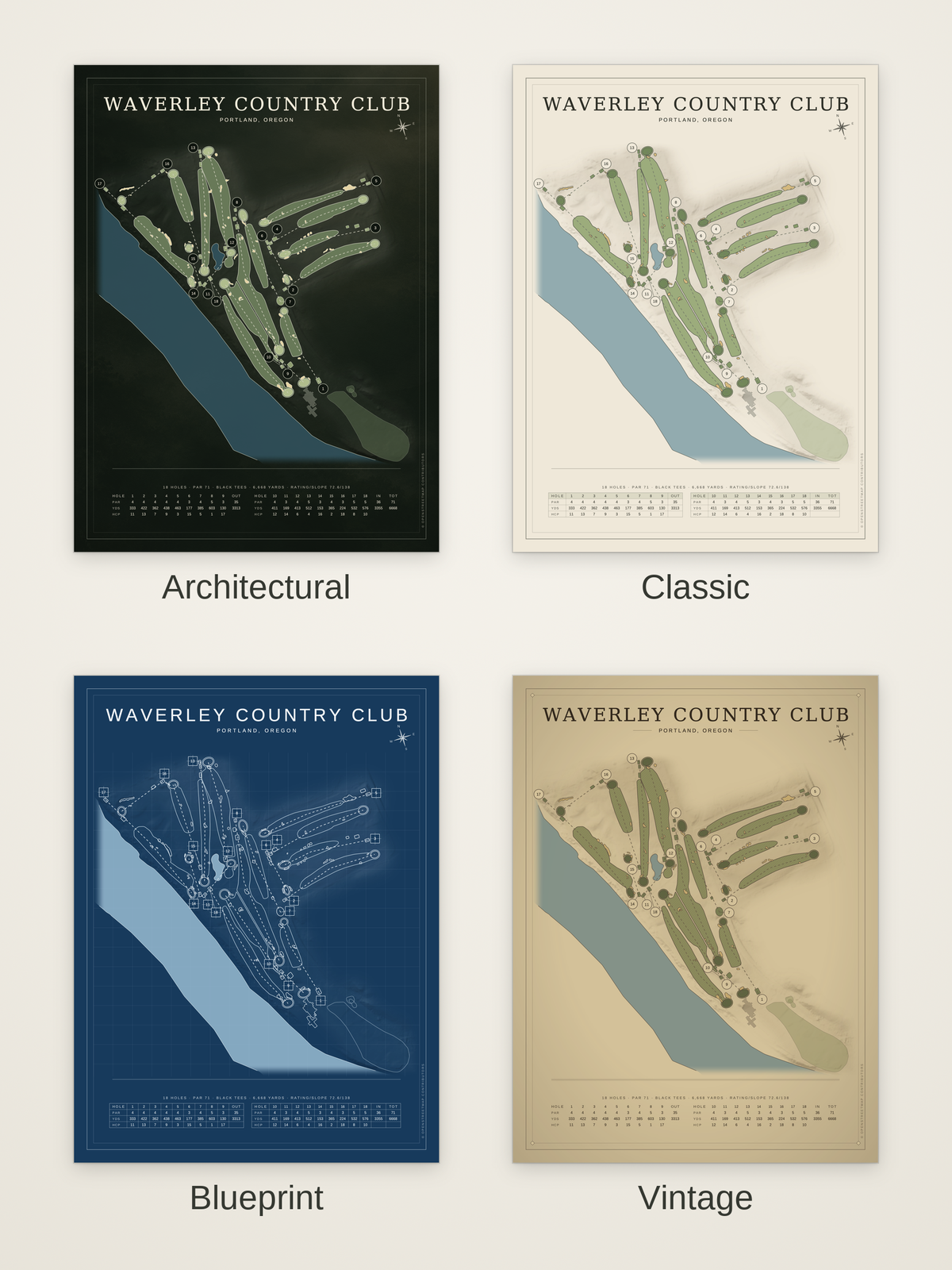 Waverley Country Club course map poster in four styles: Architectural, Classic, Blueprint and Vintage