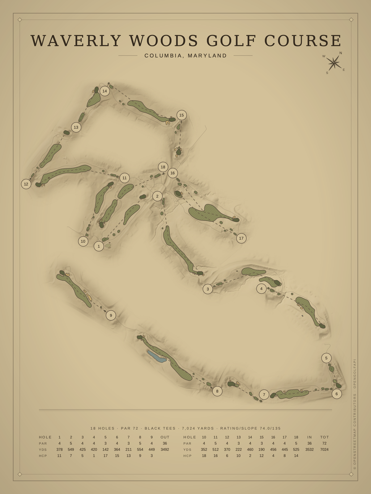 Waverly Woods Golf Course map poster, Vintage style, 12×16 / 18×24