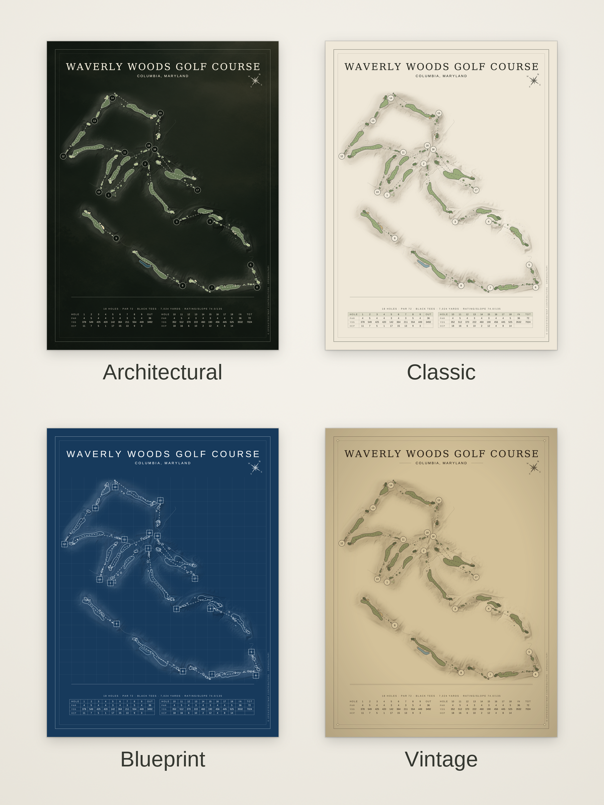Waverly Woods Golf Course map poster in four styles: Architectural, Classic, Blueprint and Vintage
