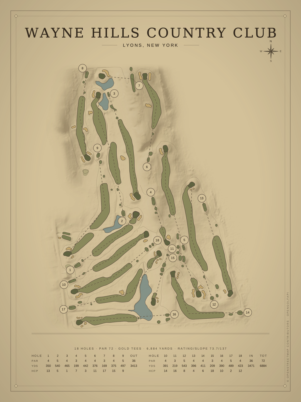 Wayne Hills Country Club course map poster, Vintage style, 12×16 / 18×24