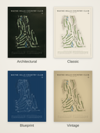 Wayne Hills Country Club course map poster in four styles: Architectural, Classic, Blueprint and Vintage