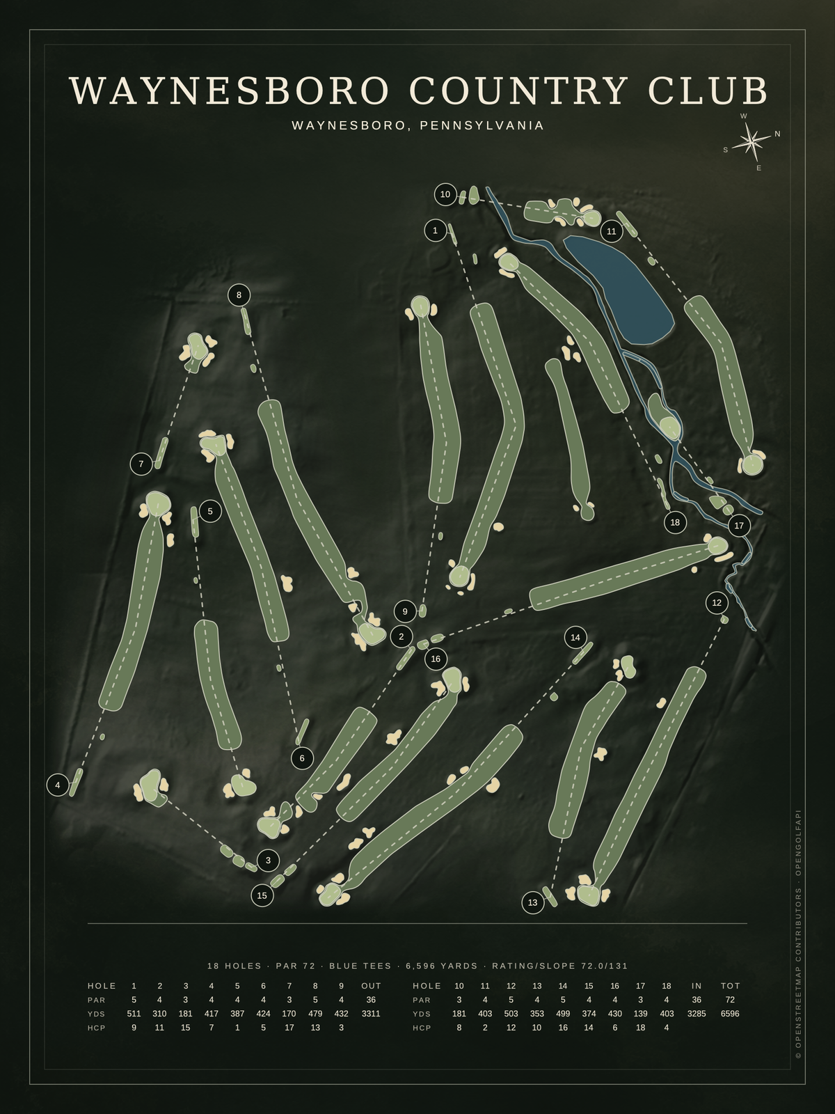 Waynesboro Country Club course map poster, Architectural style, 12×16 / 18×24