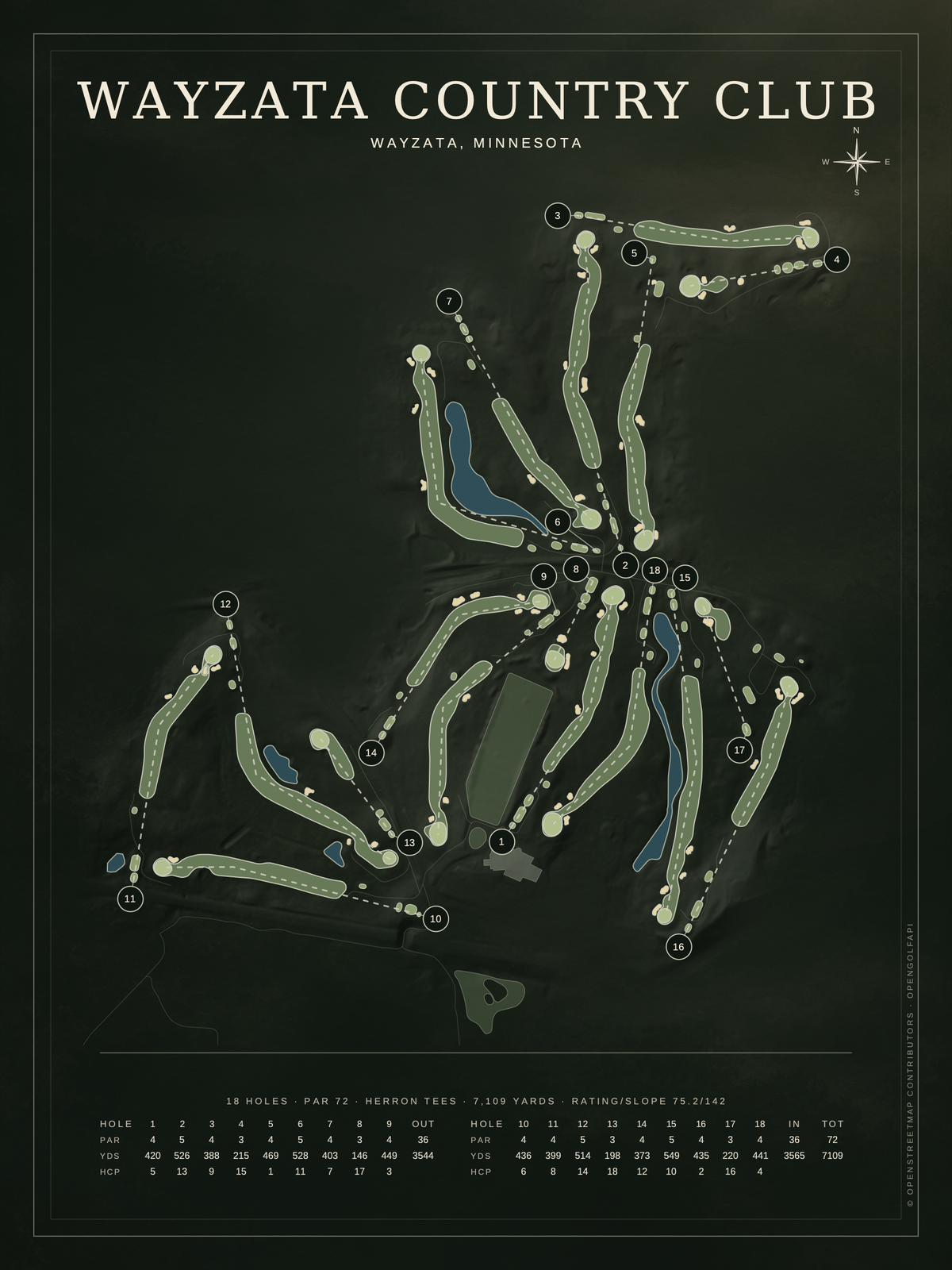 Wayzata Country Club course map poster, Architectural style, 12×16 / 18×24