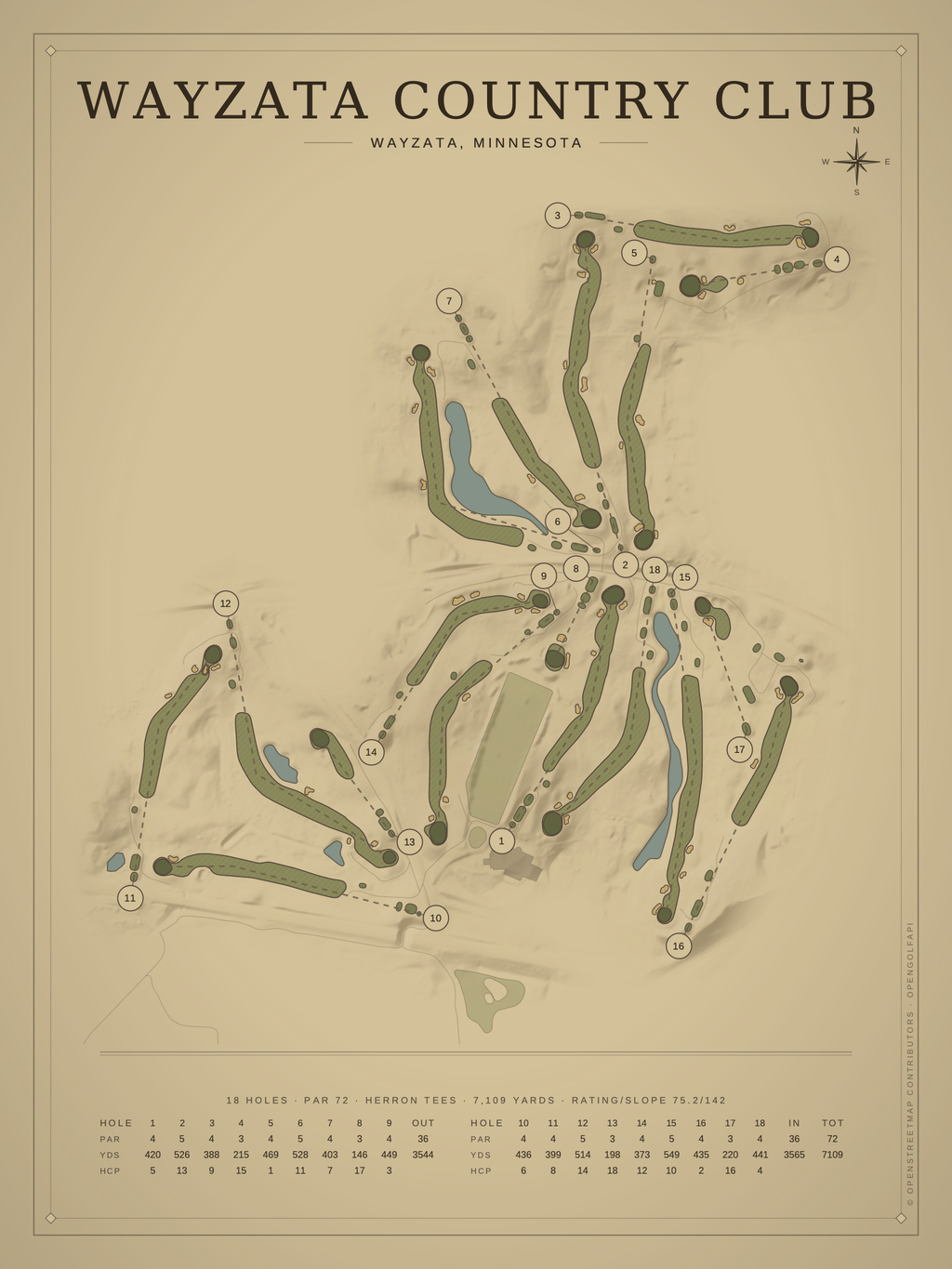 Wayzata Country Club course map poster, Vintage style, 12×16 / 18×24
