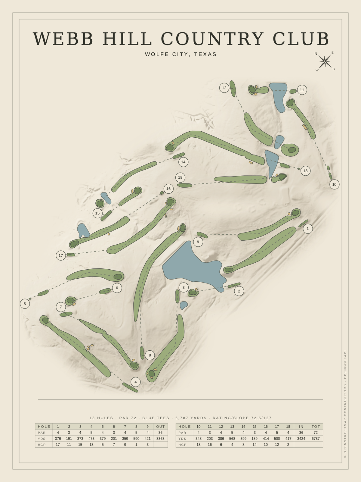 Webb Hill Country Club course map poster, Classic style, 12×16 / 18×24