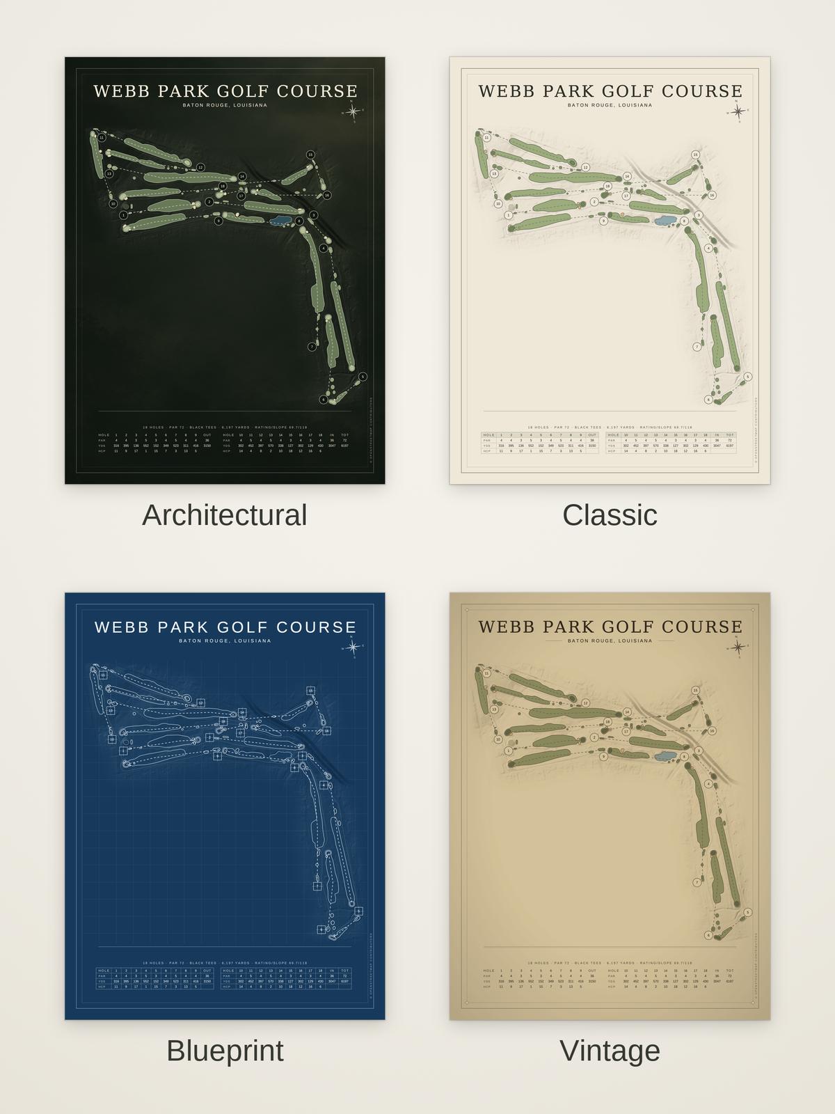 Webb Park Golf Course map poster in four styles: Architectural, Classic, Blueprint and Vintage