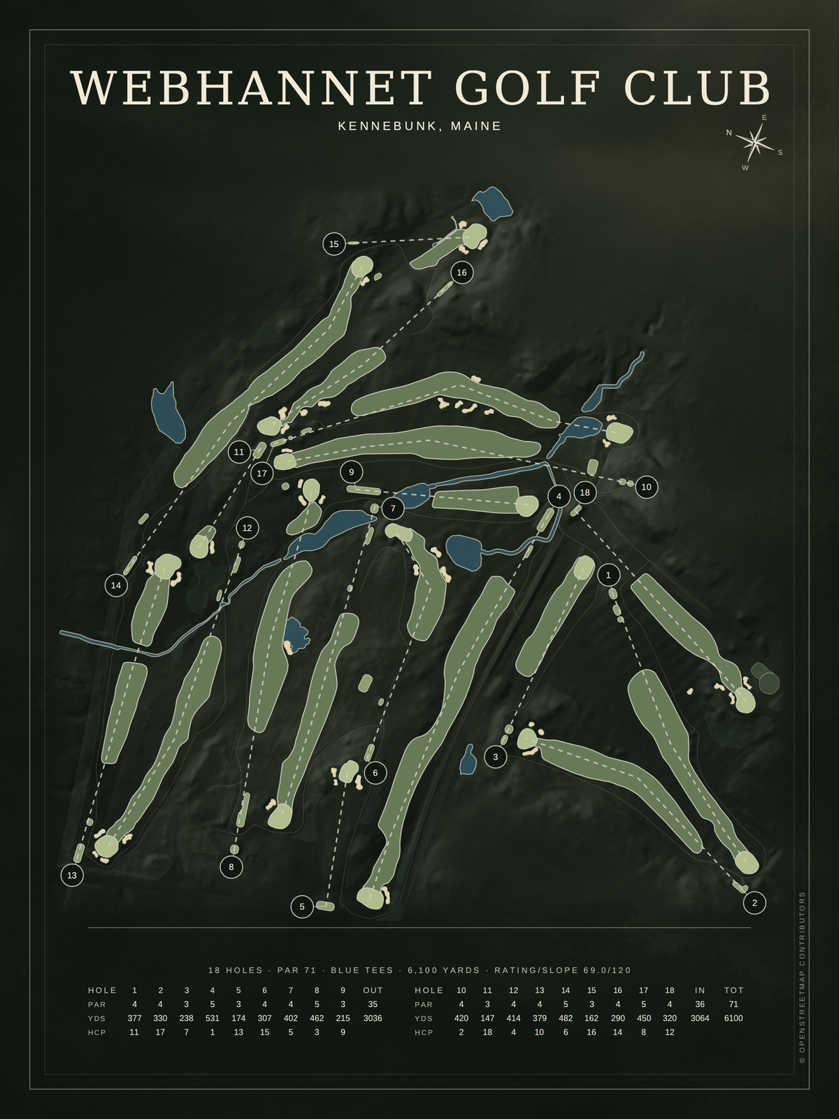 Webhannet Golf Club course map poster, Architectural style, 12×16 / 18×24