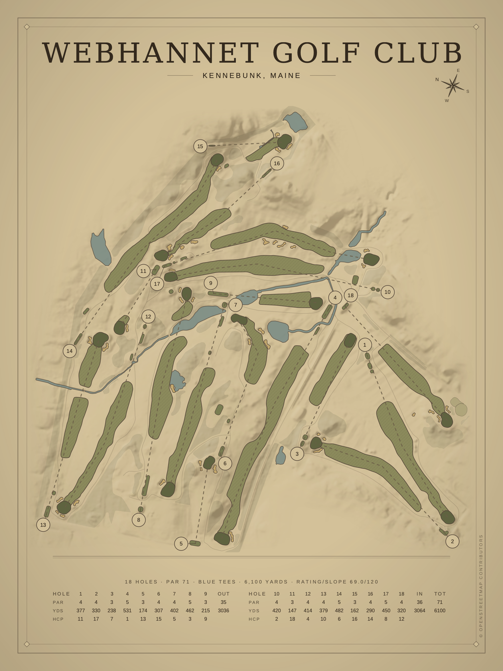 Webhannet Golf Club course map poster, Vintage style, 12×16 / 18×24