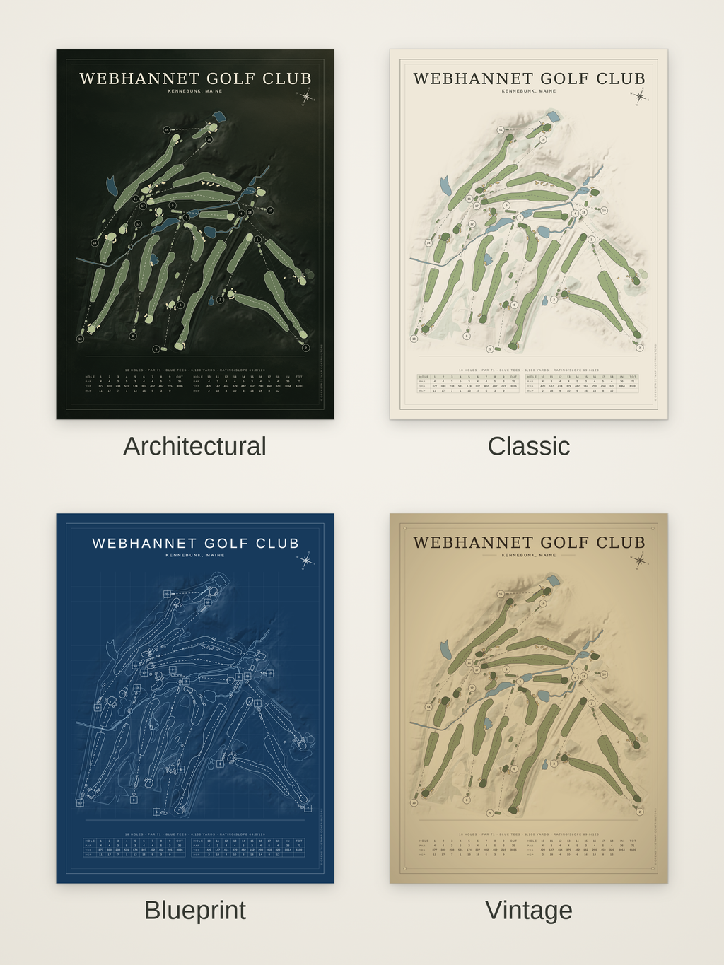 Webhannet Golf Club course map poster in four styles: Architectural, Classic, Blueprint and Vintage