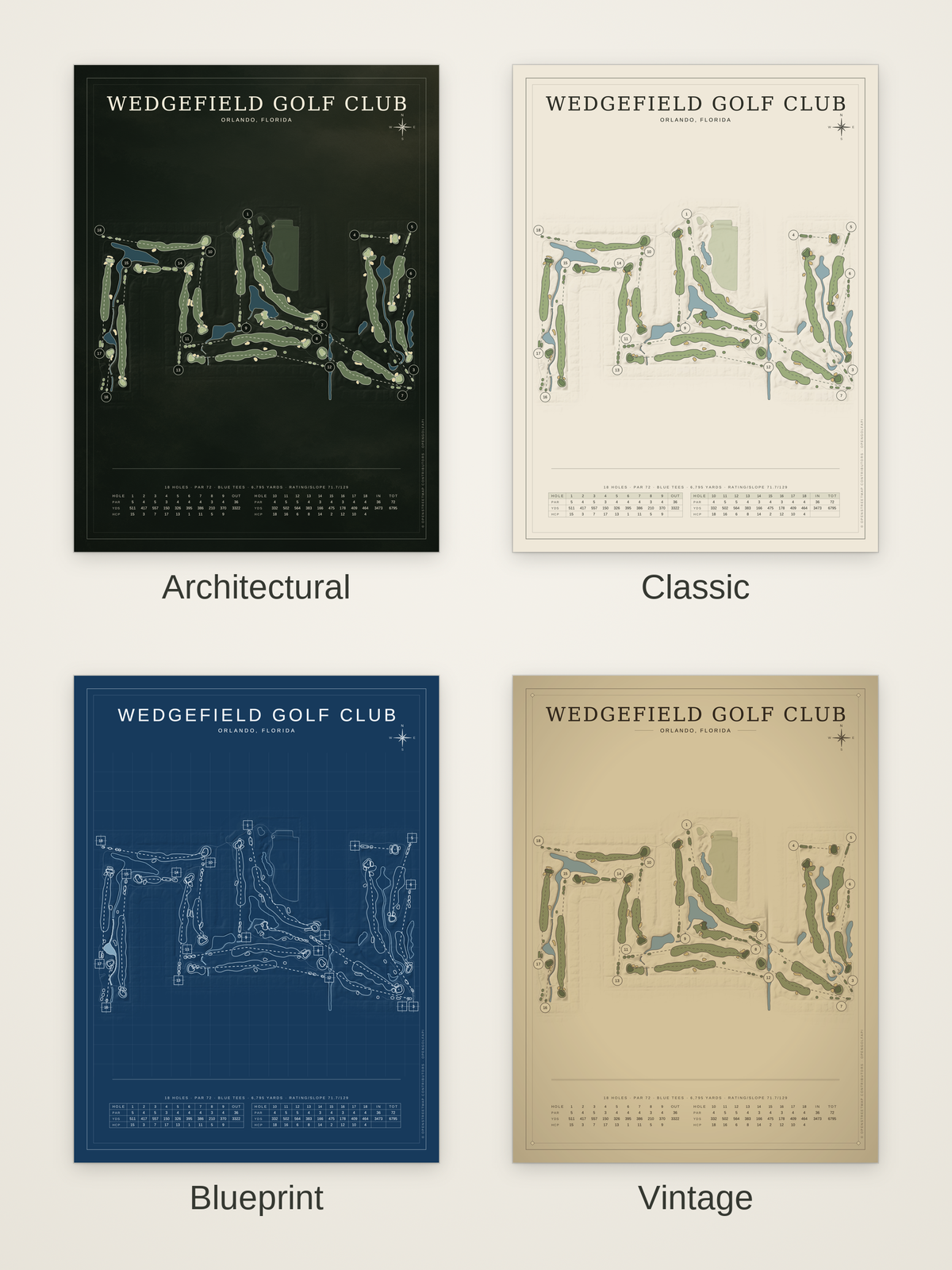 Wedgefield Golf Club course map poster in four styles: Architectural, Classic, Blueprint and Vintage