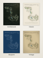Wedgewood Pines Country Club course map poster in four styles: Architectural, Classic, Blueprint and Vintage