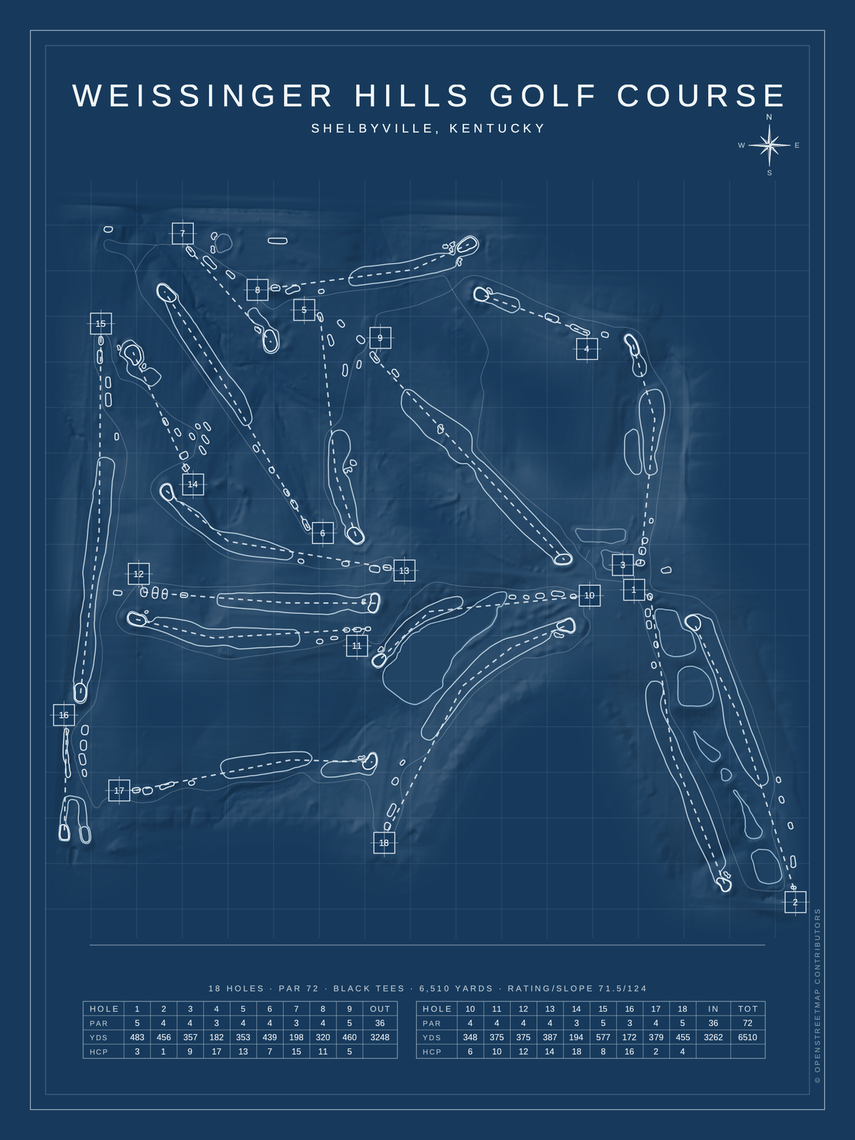 Weissinger Hills Golf Course map poster, Blueprint style, 12×16 / 18×24