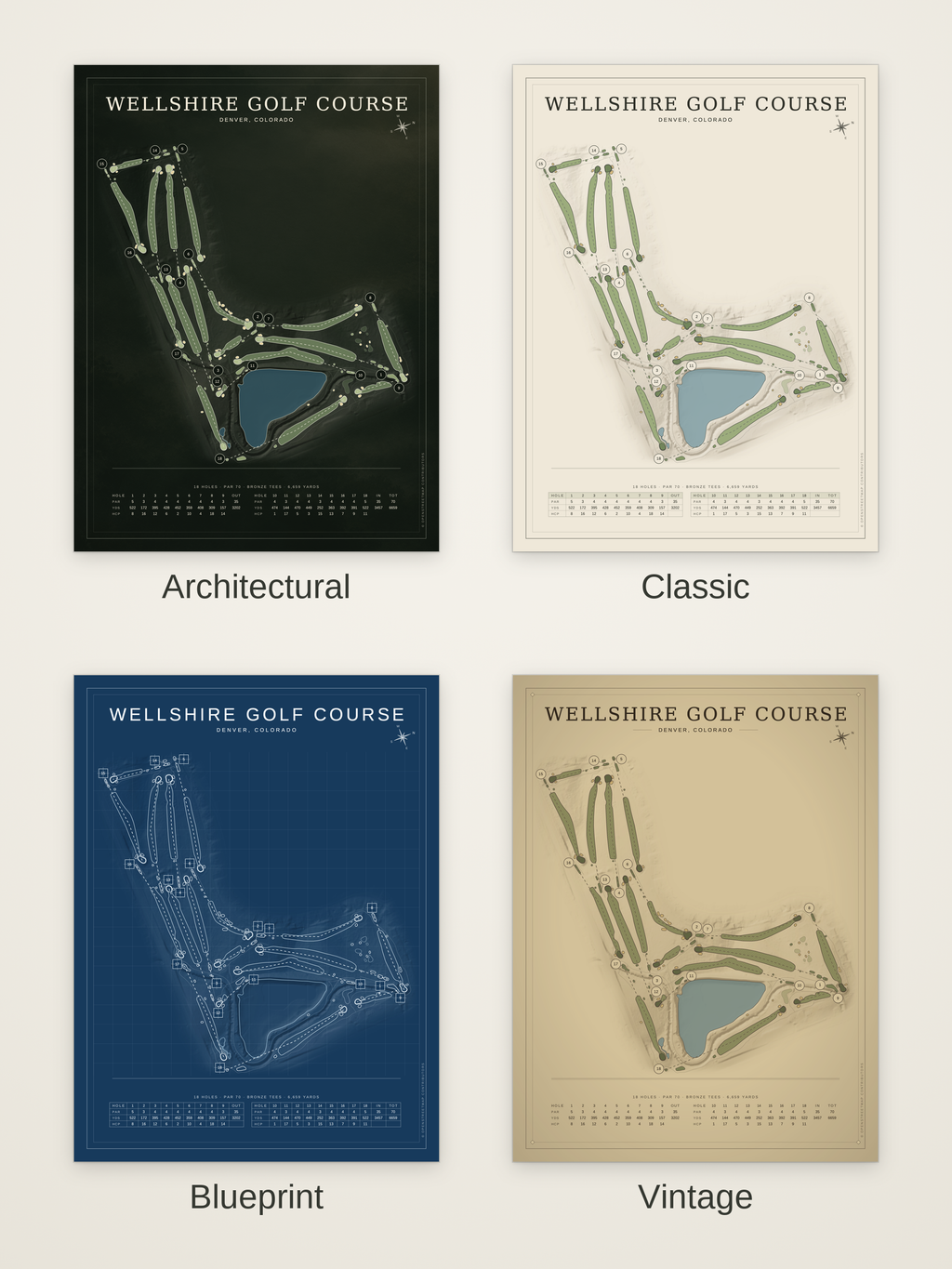 Wellshire Golf Course map poster in four styles: Architectural, Classic, Blueprint and Vintage