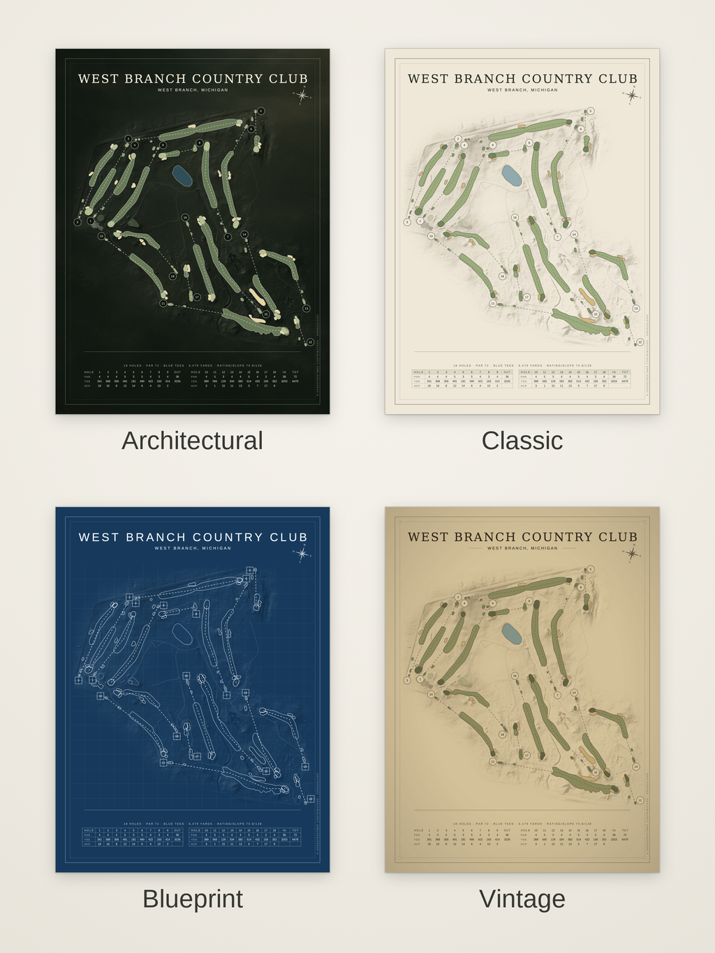 West Branch Country Club course map poster in four styles: Architectural, Classic, Blueprint and Vintage