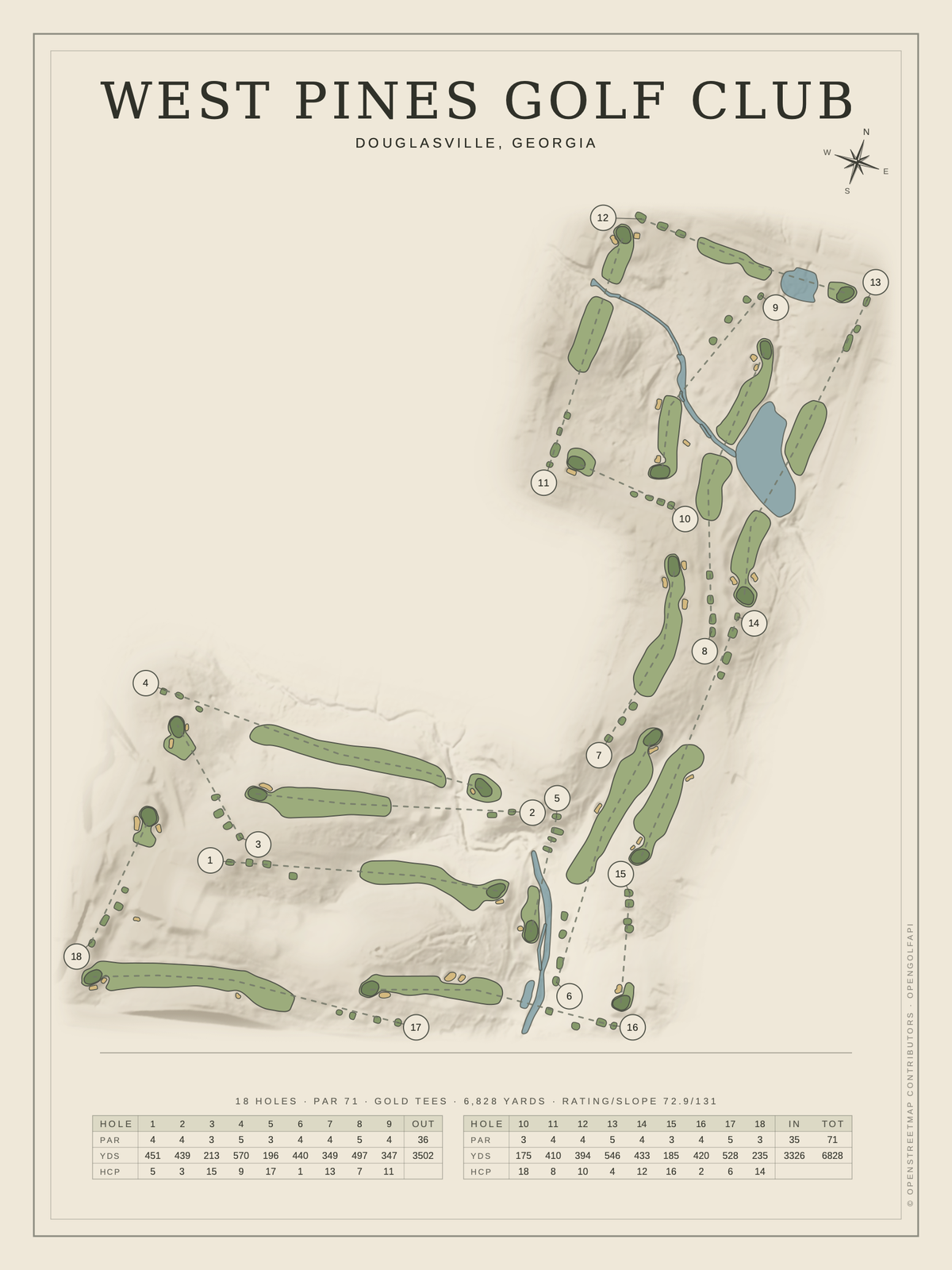 West Pines Golf Club course map poster, Classic style, 12×16 / 18×24