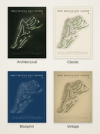 West Seattle Golf Course map poster in four styles: Architectural, Classic, Blueprint and Vintage