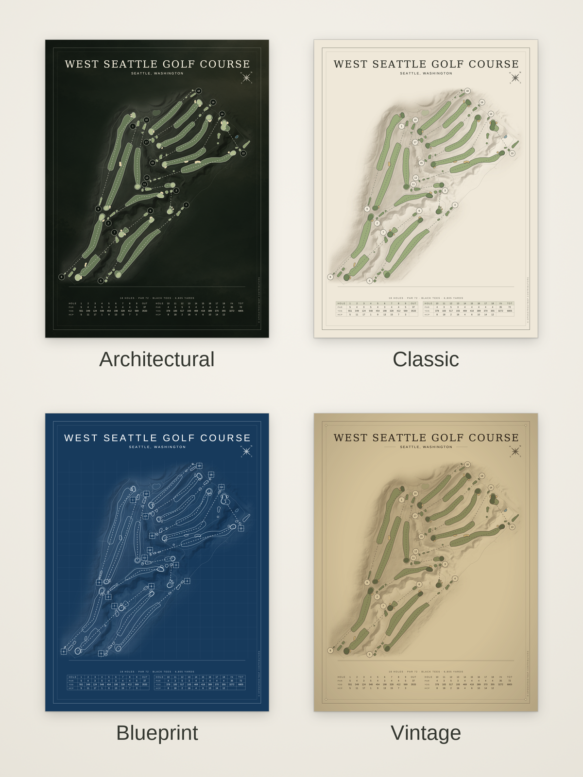 West Seattle Golf Course map poster in four styles: Architectural, Classic, Blueprint and Vintage