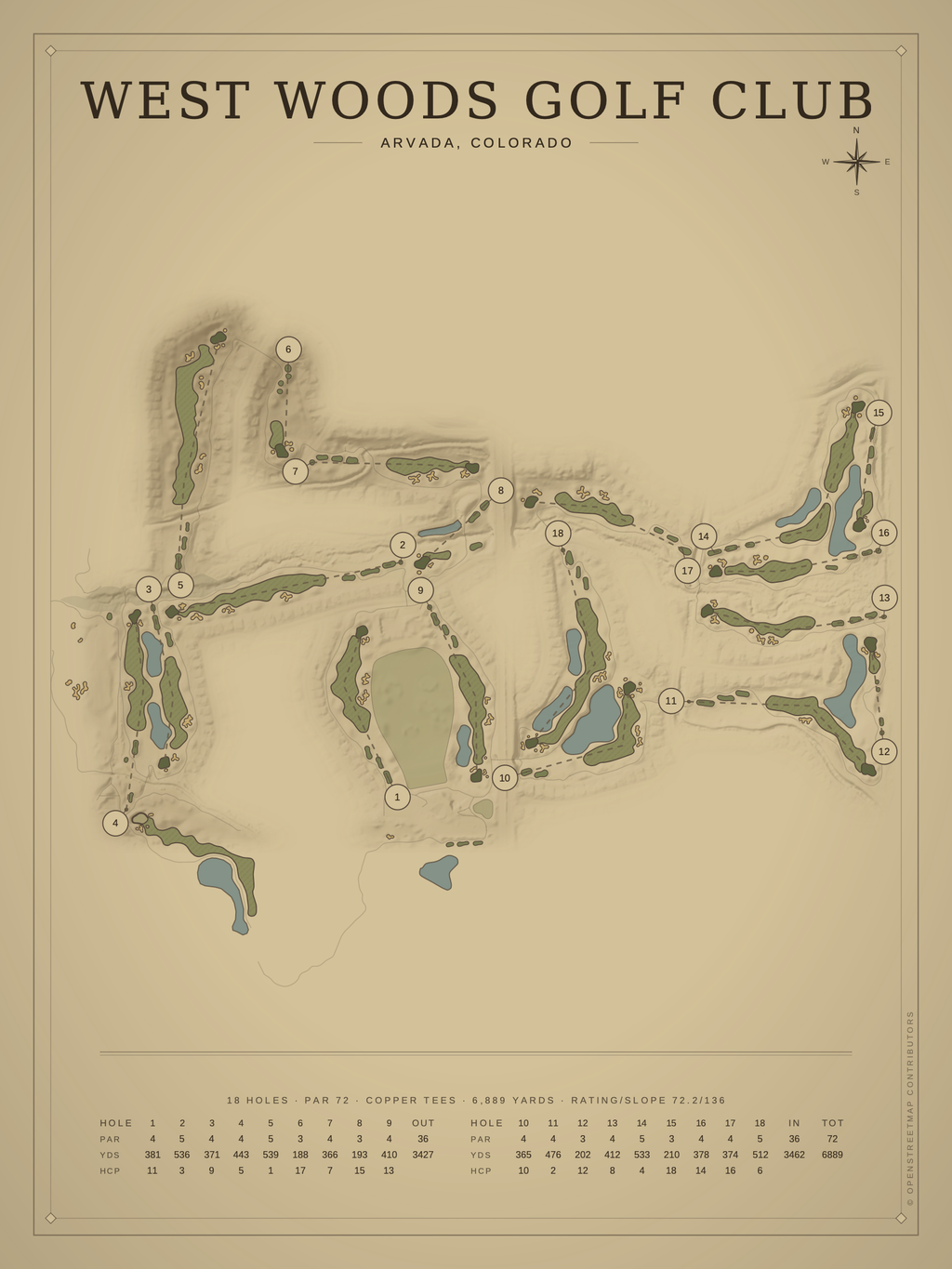 West Woods Golf Club course map poster, Vintage style, 12×16 / 18×24