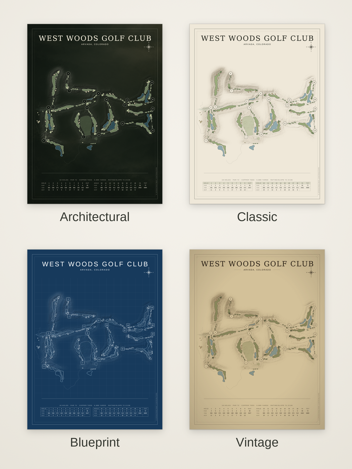 West Woods Golf Club course map poster in four styles: Architectural, Classic, Blueprint and Vintage
