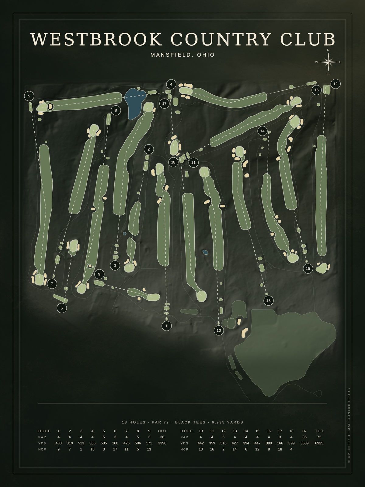 Westbrook Country Club course map poster, Architectural style, 12×16 / 18×24