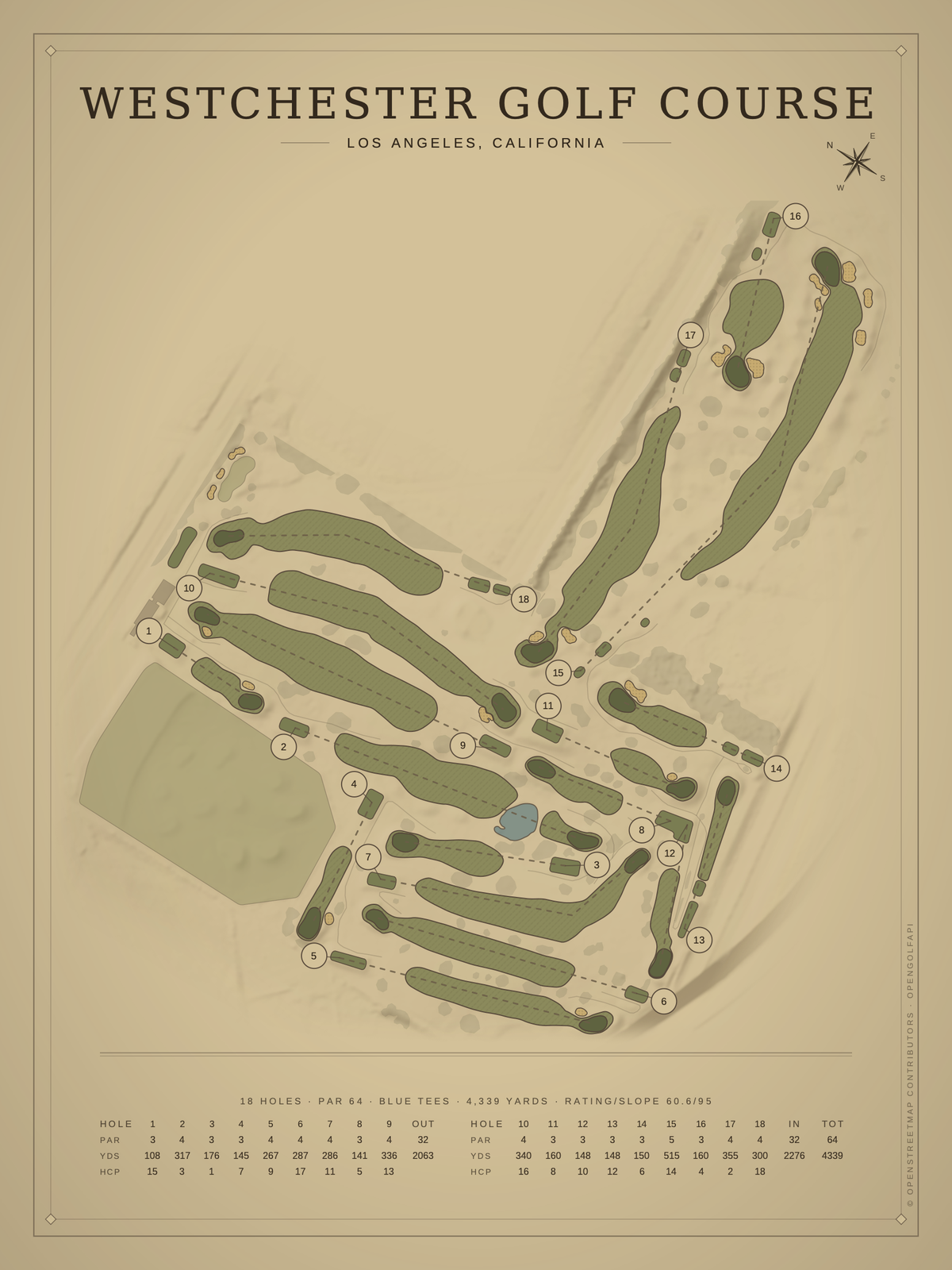 Westchester Golf Course map poster, Vintage style, 12×16 / 18×24