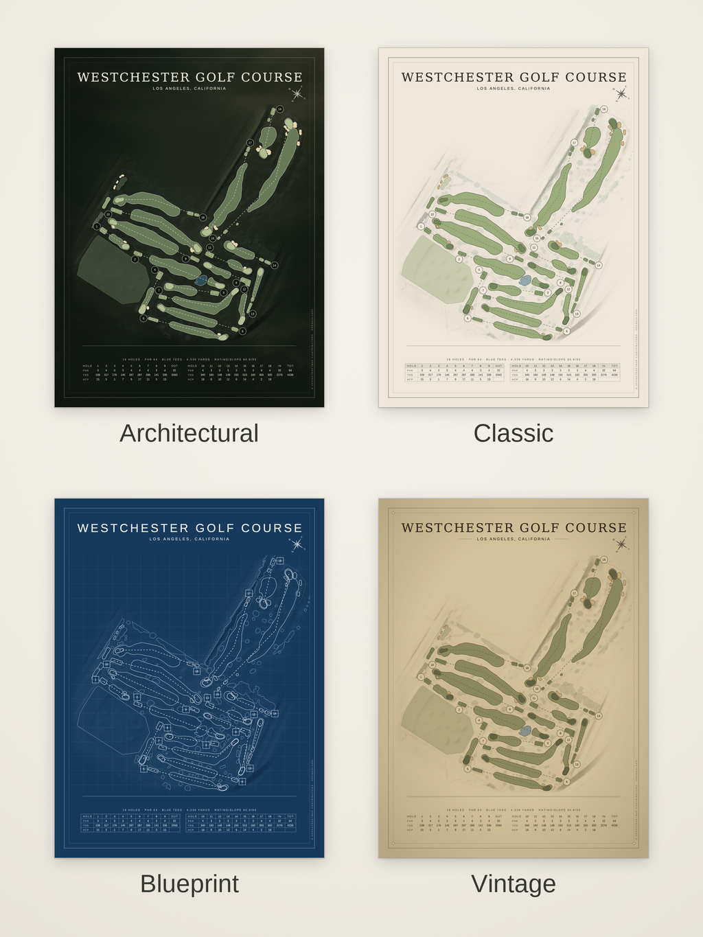 Westchester Golf Course map poster in four styles: Architectural, Classic, Blueprint and Vintage