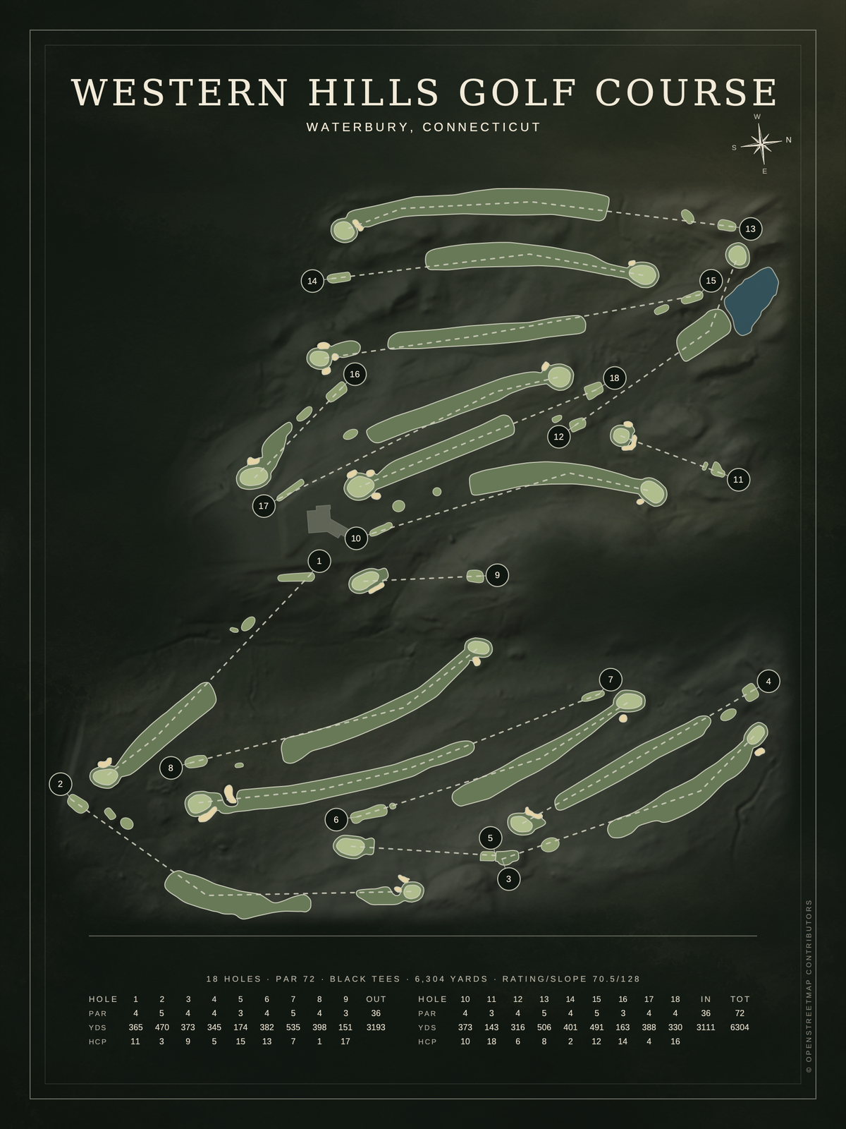 Western Hills Golf Course map poster, Architectural style, 12×16 / 18×24
