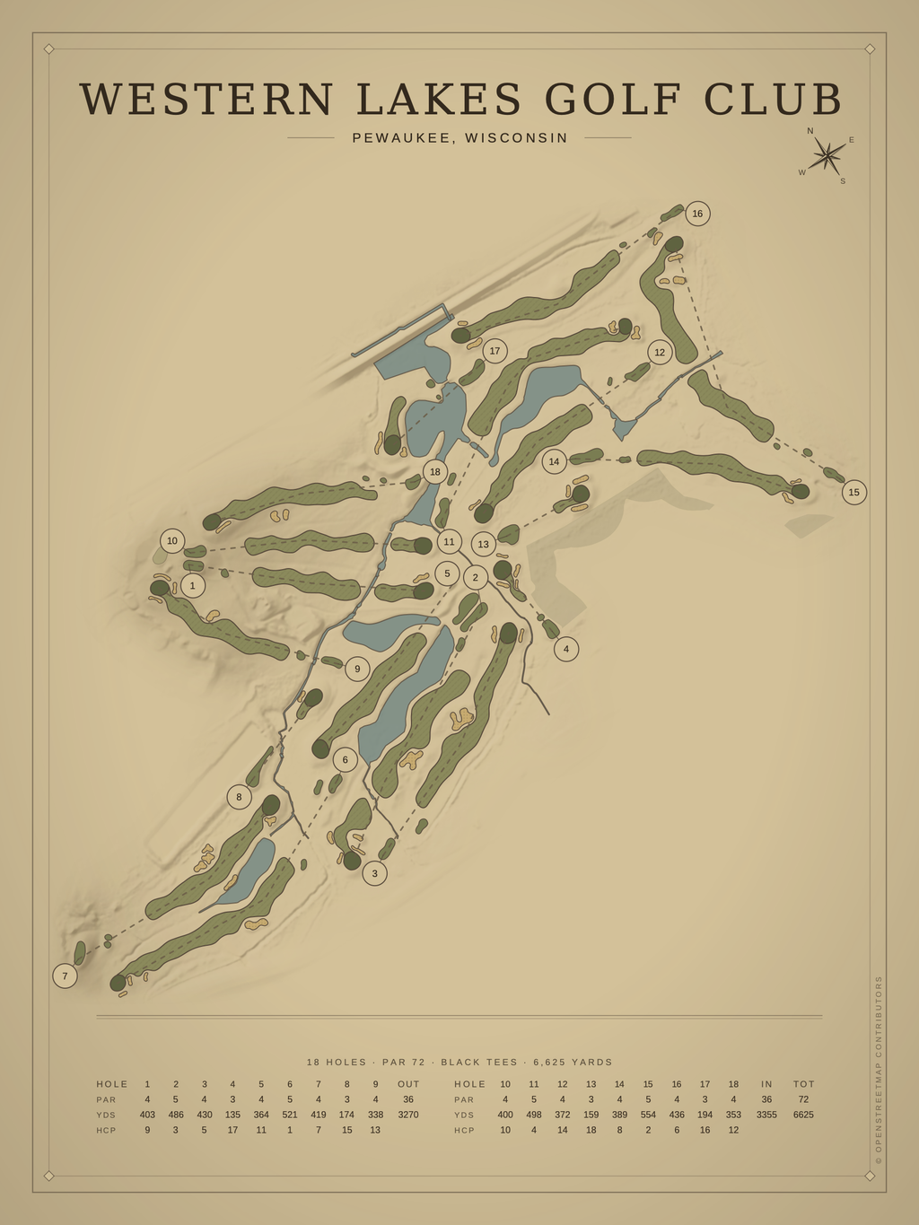 Western Lakes Golf Club course map poster, Vintage style, 12×16 / 18×24