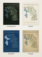 Westminster Country Club course map poster in four styles: Architectural, Classic, Blueprint and Vintage