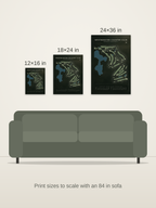 Westminster Country Club course map poster in the Architectural style at 12×16, 18×24 and 24×36 inches, shown to scale on a wall above an 84-inch sofa