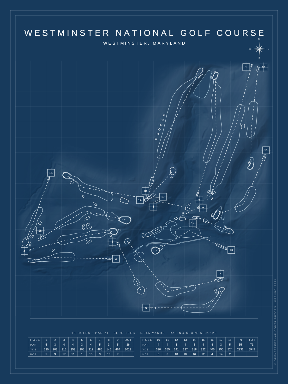 Westminster National Golf Course map poster, Blueprint style, 12×16 / 18×24