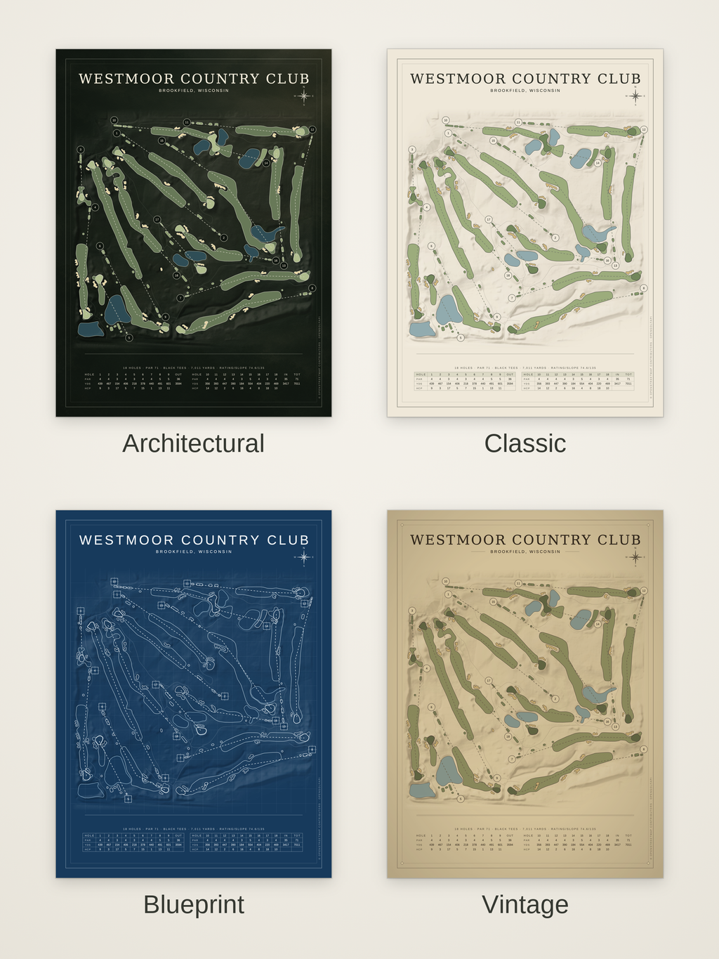 Westmoor Country Club course map poster in four styles: Architectural, Classic, Blueprint and Vintage