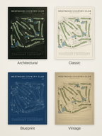 Westmoor Country Club course map poster in four styles: Architectural, Classic, Blueprint and Vintage