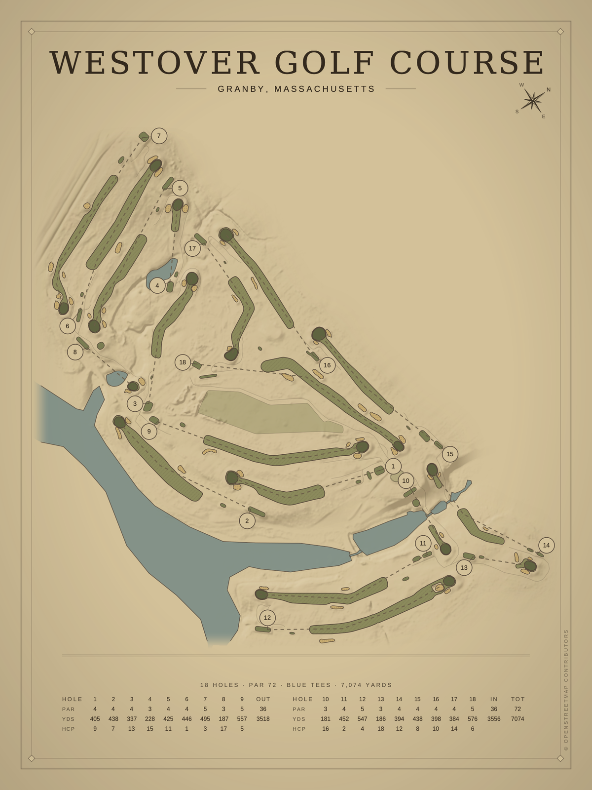 Westover Golf Course map poster, Vintage style, 12×16 / 18×24