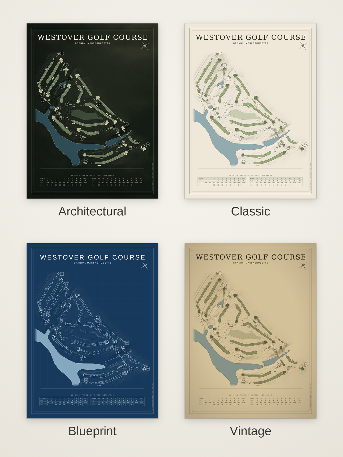 Westover Golf Course map poster in four styles: Architectural, Classic, Blueprint and Vintage