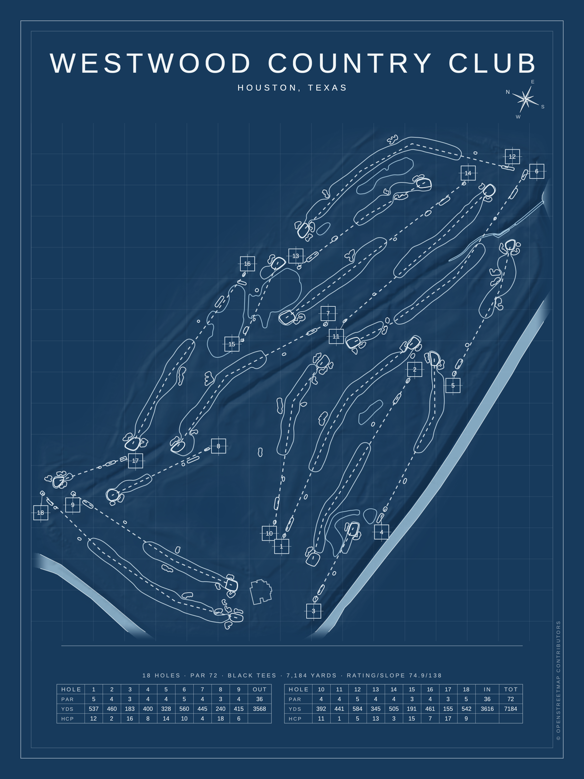 Westwood Country Club course map poster, Blueprint style, 12×16 / 18×24