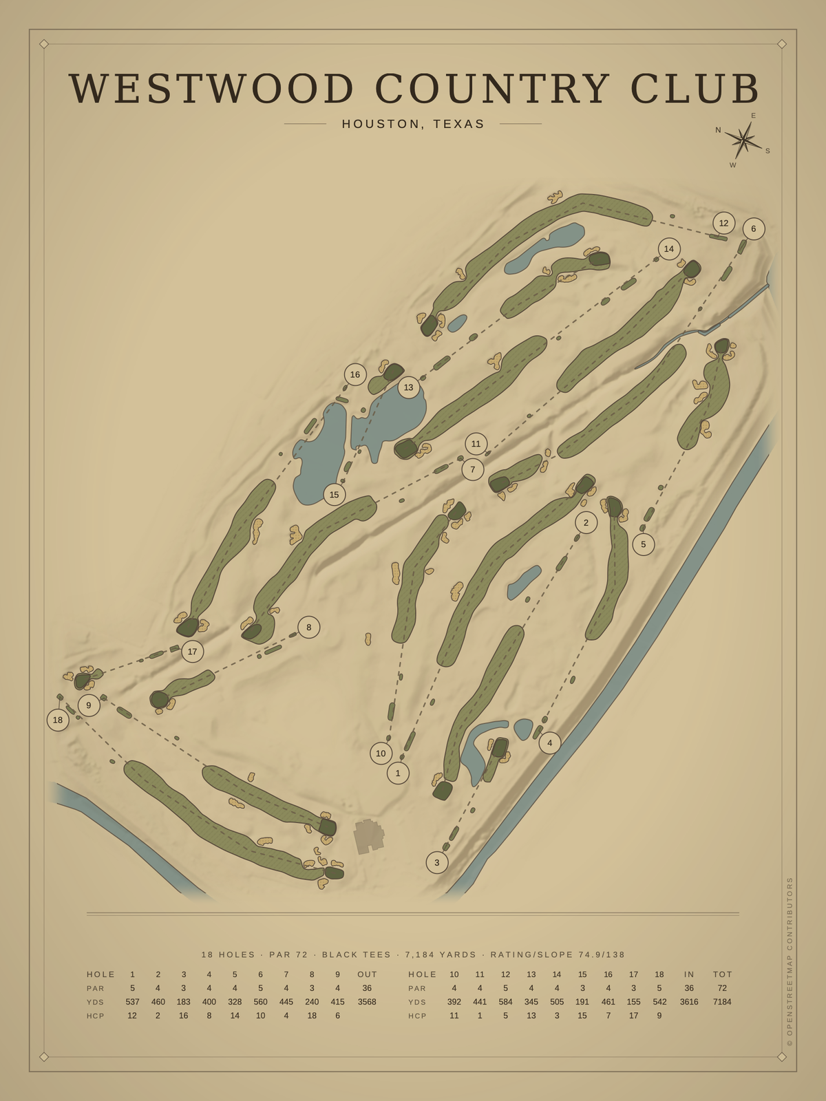 Westwood Country Club course map poster, Vintage style, 12×16 / 18×24