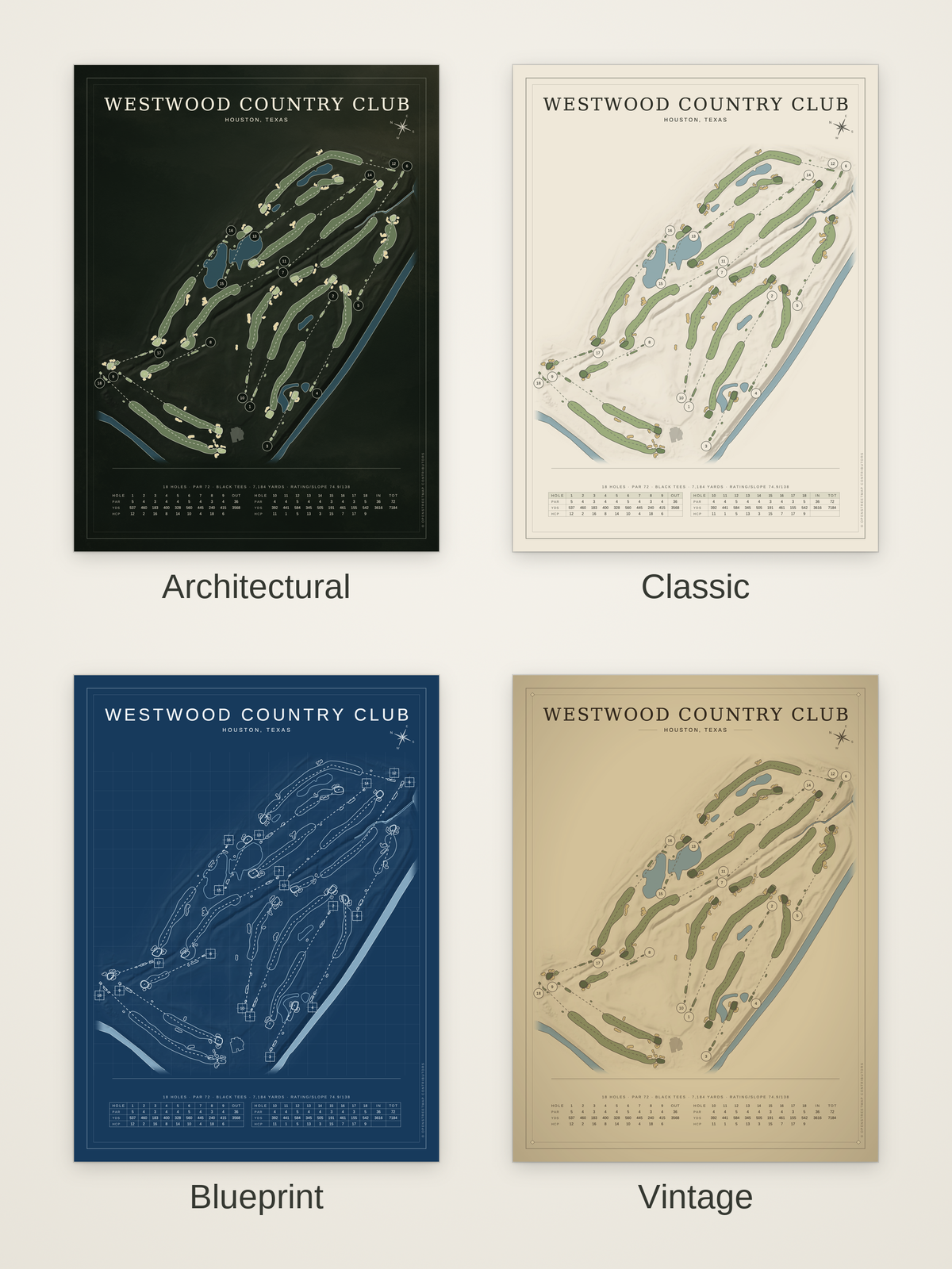 Westwood Country Club course map poster in four styles: Architectural, Classic, Blueprint and Vintage