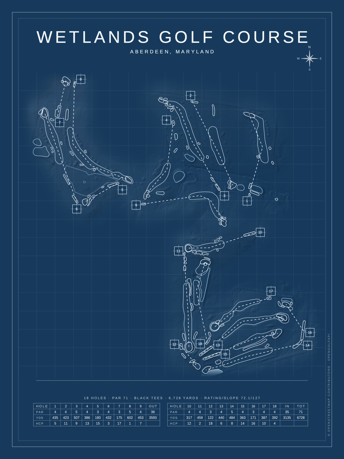 Wetlands Golf Course map poster, Blueprint style, 12×16 / 18×24