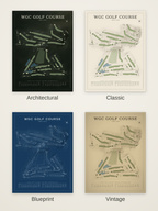 WGC Golf Course map poster in four styles: Architectural, Classic, Blueprint and Vintage