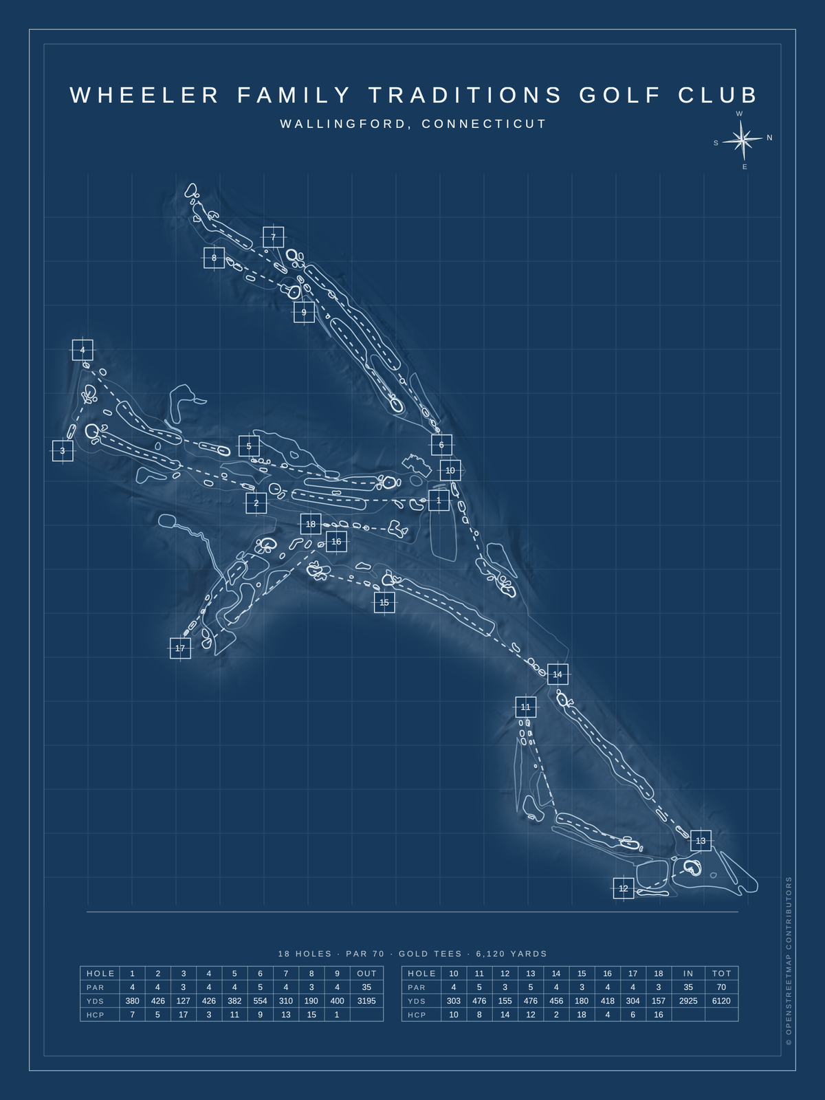 Wheeler Family Traditions Golf Club course map poster, Blueprint style, 12×16 / 18×24